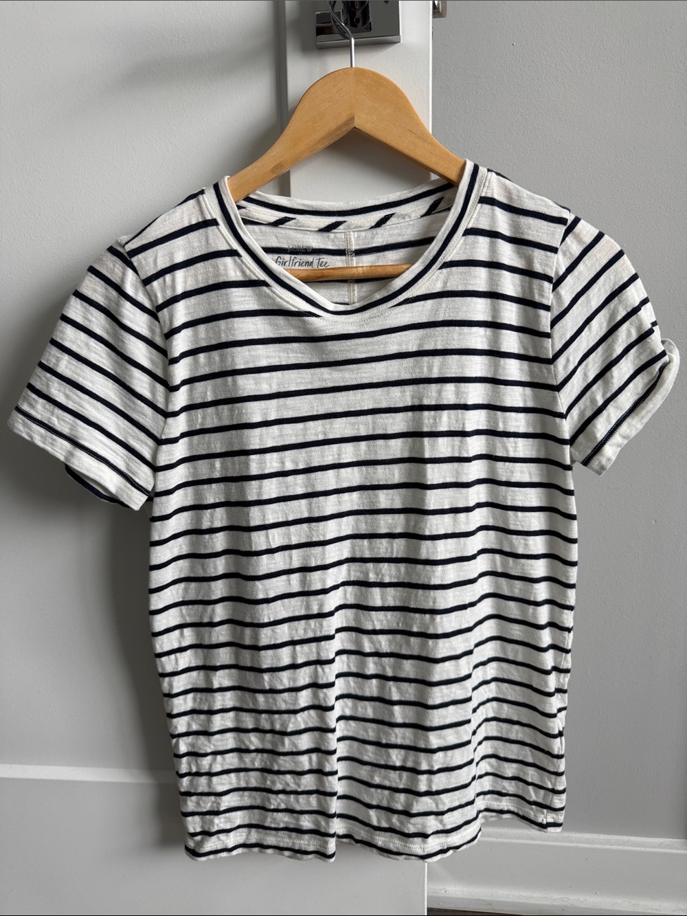 J. Crew White and Navy Striped Short Sleeve Tee
